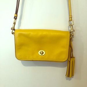 Coach yellow leather crossbody with tassel